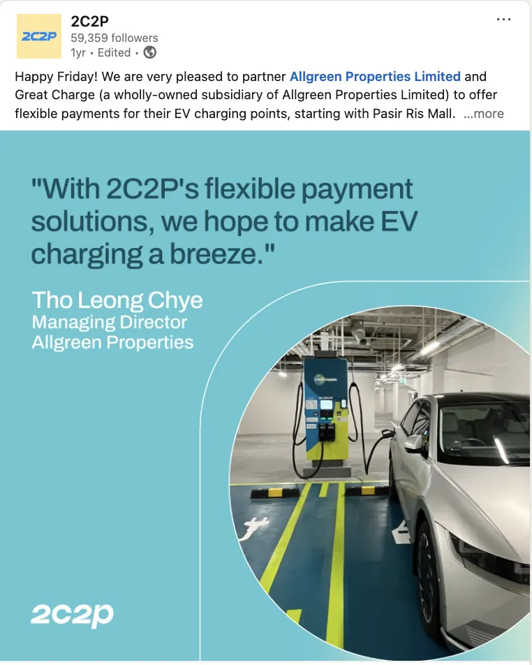 Pre-acquisition 2C2P LinkedIn post: Alpine Properties EV charging