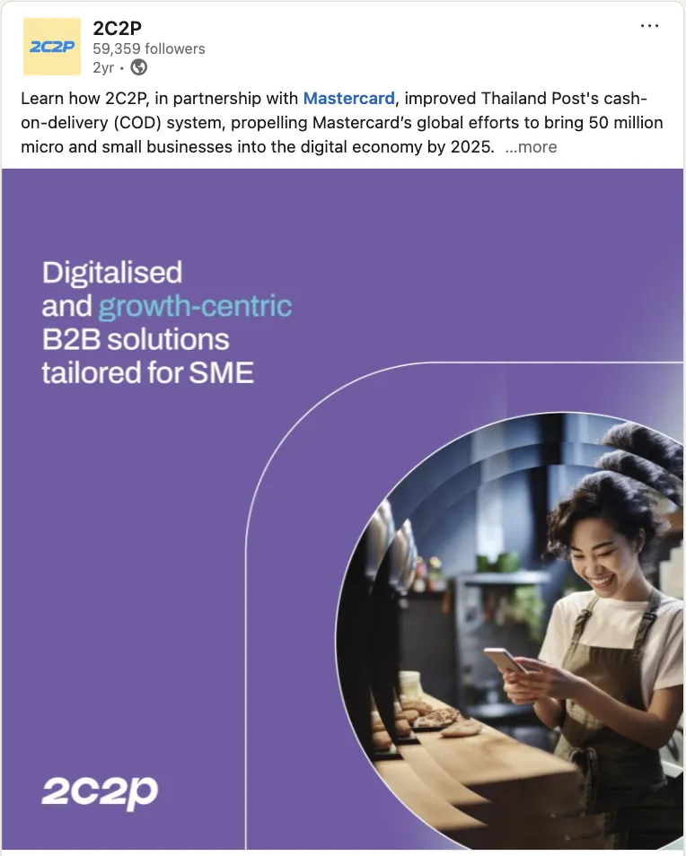 Pre-acquisition 2C2P LinkedIn post: B2B solutions for SMEs