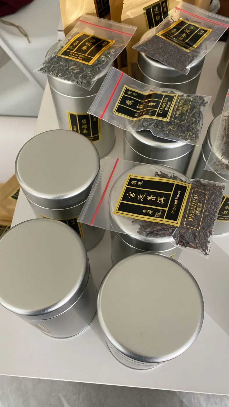 Tea tins lined up for the shoot